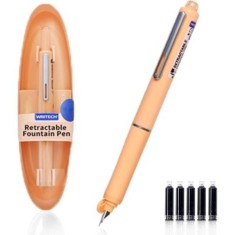 Set stilou retractabil Writech cu 5 rezerve cerneala albastru,grosime penita F, corp portocaliu,cutie depozitare