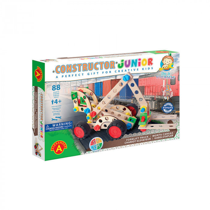 Set constructie 88 piese din lemn Constructor Junior-Motostivuitor 3in1, +4 ani, Alexander EduKinder World