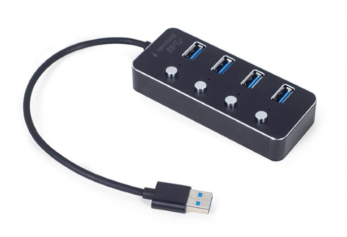 HUB extern GEMBIRD, porturi USB: USB 3.1 x 4, conectare prin USB, cu on/off, cablu 0,24 m, negru, &quot;UHB-U3P4P-01&quot; (timbru verde 0.8 lei) - 871630912459