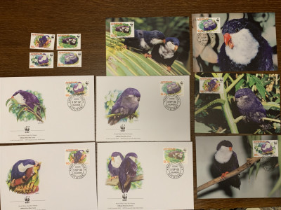 aituatki - pasari - papagal - serie 4 timbre MNH, 4 FDC, 4 maxime, fauna wwf foto