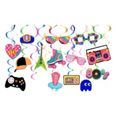 Set 15 decoratiuni pentru petrecere cu tematica anii 80, folie, carton, multicolor
