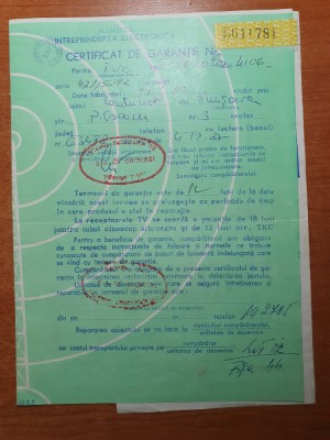 certificat de garantie televizor color- telecolor - din anul 1987 - timisoara foto