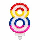 Cumpara ieftin Lumanare tort cifra 8 multicolora cu sclipici, rosu, galben, albastru si roz, pentru zi de nastere, cu suport de fixare in desert