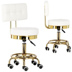 Taburet cosmetic cu spătar, scaun de coafor alb rotativ pentru salon.
