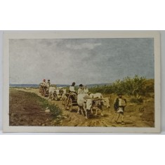 LA TARG , de pictorul BASARAB , CARTE POSTALA ILUSTRATA , PERIOADA INTERBELICA