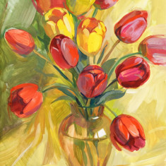 Tablou canvas Flori lalele rosii si galbene, pictura, buchet, 60 x 90 cm
