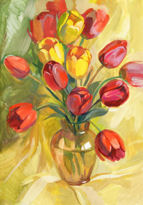 Tablou canvas Flori lalele rosii si galbene, pictura, buchet, 50 x 75 cm foto