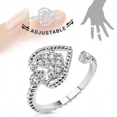 Inel ajustabil, placat cu rodiu, inimă decorată cu zirconiu transparent - Marime inel: 49
