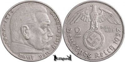 1937 D, 2 Reichsmark - Paul von Hindenburg - Al Treilea Reich (Germania nazistă) foto