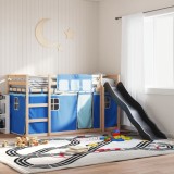Cumpara ieftin Pat supraetajat cu tobogan și perdele, albastru, 90x200 cm