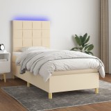 VidaXL Pat cu arcuri, saltea și LED, crem, 90x200 cm, textil