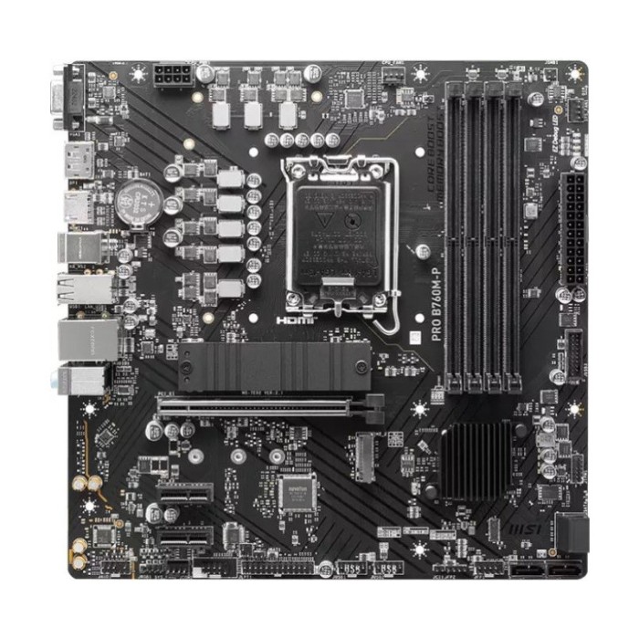 MSI PRO B760M-P, mATX, LGA 1700, DDR5 6800, 1x PCIe x16 slots, 2x M.2 slots, 1x HDMI, 1x DP, 1x VGA, 1x USB 3.2 Gen 2 Type-C, 1x USB 3.2 Gen 1, 4x USB