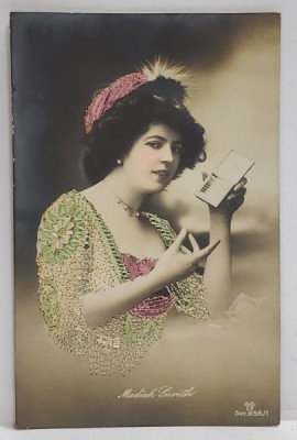 MADIAH SURITH CU PACHETUL DE TIGARI , CARTE POSTALA CU CUSATURI DIN FIR DE MATASE , INCEPUTUL SEC. XX foto