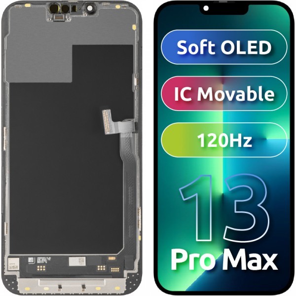 Display cu Touchscreen MP compatibil cu Apple iPhone 13 Pro Max, cu Rama, Versiune Soft OLED FHD 120Hz IC Movable, Negru
