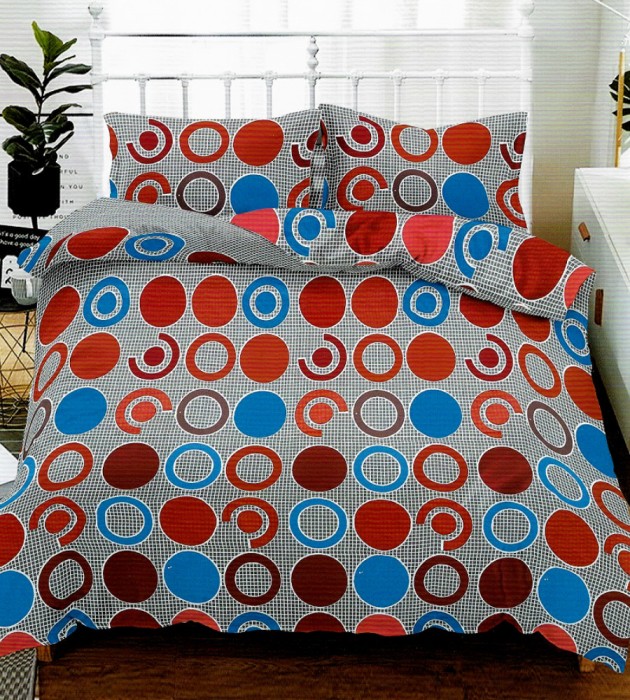 Lenjerie de pat matrimonial cu husa elastic pat si fata perna dreptunghiulara, Round, bumbac mercerizat, multicolor