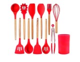 Set ustensile bucatarie 11 piese Lemn si Silicon alimentar, Termorezistente, Antiaderente, Suport Blat, Bohmann