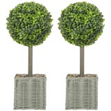 HOMCOM Set de 2 plante artificiale decorative, bile de buxus artificial 50 cm cu ghiveci din plastic &icirc;mpletit și pietre, verde | Aosom Romania