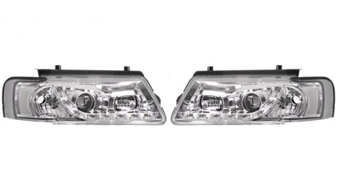 Set faruri VW Passat (B5 (3b)), 09.1996-11.2000, partea Stanga+Dreapta, Tuning, Fata, cu lumina de parcare LED; tip bec H1+H1; manual/electric; trans