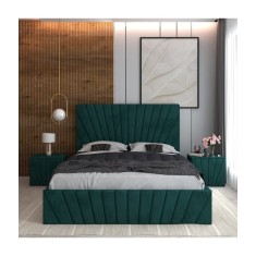 Pat Tapitat Toma Verde + Saltea Lux Ortopedica + Noptiere Tapitate 180x200cm