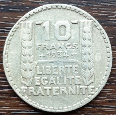 (A87) MONEDA DIN ARGINT FRANTA - 10 FRANCS FRANCI 1934, 10 GRAME, PURITATE 680