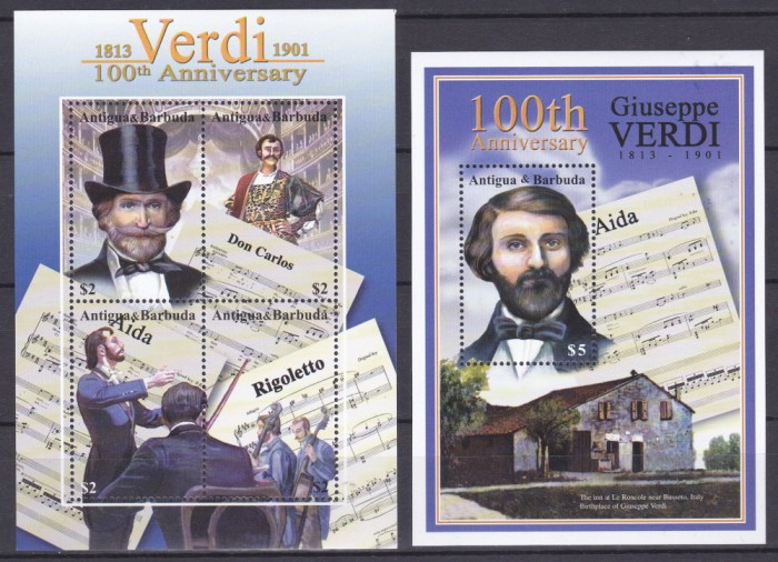 DB1 Pictura Barbuda Compozitori Giuseppe Verdi 100 Ani MS + SS MNH