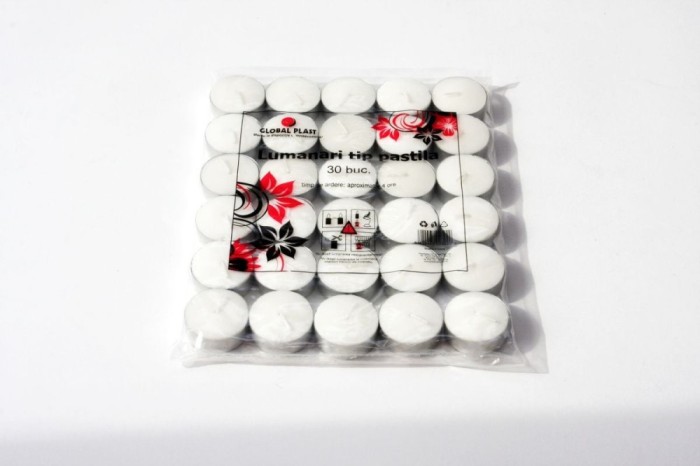 Lumanare tip pastila, aluminiu, timp ardere 4 ore, alb, 30 bucati/set