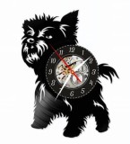 Ceas de perete decorativ &ldquo;Yorkshire Terrier&rdquo;, lucrat manual din disc de vinil (Vinyl Record), design catel Yorkie, Negru