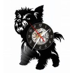 Ceas de perete decorativ &ldquo;Yorkshire Terrier&rdquo;, lucrat manual din disc de vinil (Vinyl Record), design catel Yorkie, Negru
