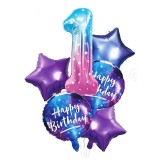 Set 6 Baloane Aniversare 1 An, Cifra 1 Mare 100cm, Multicolor, Folie, Petrecere Copii, Botez