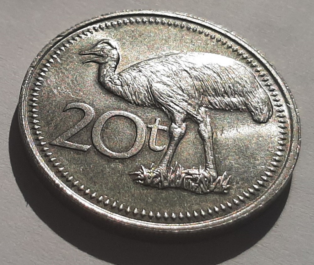153. Moneda Papua & Noua Guinee 20 toea 1981 (Bennett's Cassowary ...