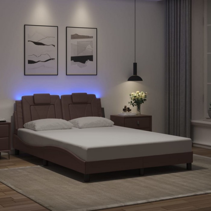 vidaXL Cadru de pat cu lumini LED, maro, 140x190 cm, piele ecologică 3214017