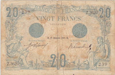 FRANTA 20 FRANCS FRANCI 27-12-1912 Uzata foto