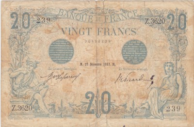 FRANTA 20 FRANCS FRANCI 27-12-1912 Uzata foto