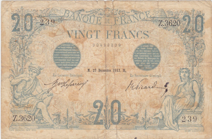FRANTA 20 FRANCS FRANCI 27-12-1912 Uzata
