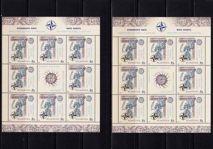 ✅RO 2008 LP 1798a+b &quot;Summitul NATO Buc. &quot;,minicoli de 8+vinieta/argint+aur , MNH