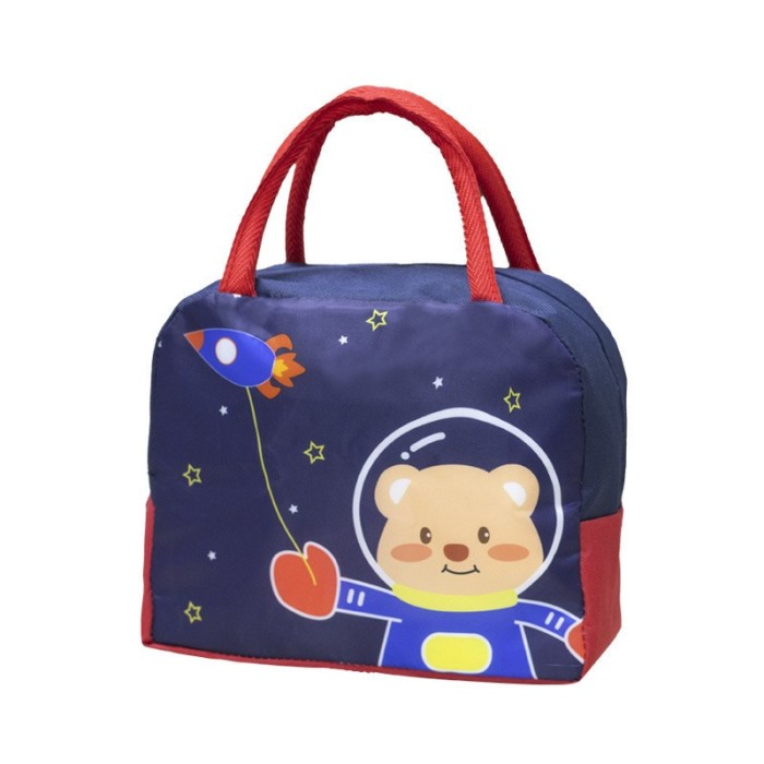 Geanta termoizolanta pentru copii, flippy, 23x13x19 cm, model imprimeu ursulet astronaut, din folie de aluminiu si panza oxford, albastru/rosu