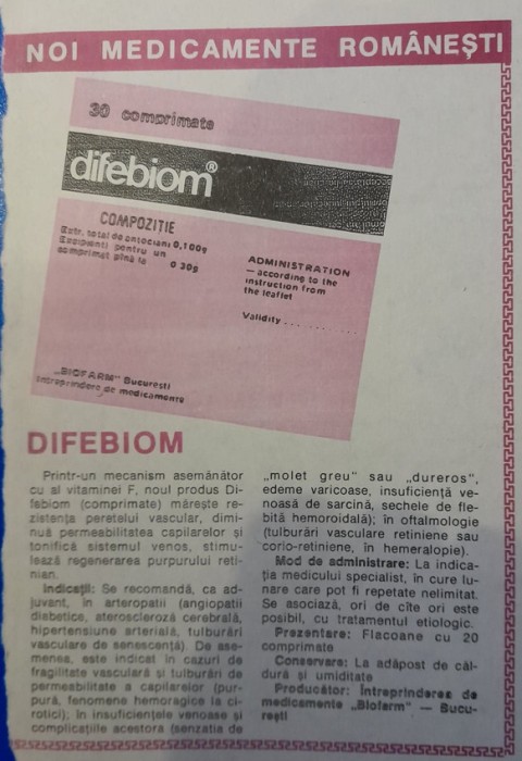 1988 Reclamă medicament DIFEBIOM comunism 24x16 cm industrie farmaceutica