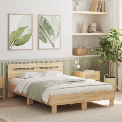 vidaXL Cadru de pat cu tăblie și LED, stejar sonoma, 135x190 cm 3207569 foto