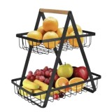 Cos pentru fructe, legume si paine, decorativ, din metal, cu maner din lemn, cu 2 etaje, inaltime 32 cm, negru