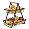 Cos pentru fructe, legume si paine, decorativ, din metal, cu maner din lemn, cu 2 etaje, inaltime 32 cm, negru