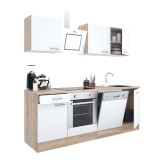 Mobilier de bucătărie Yorki 220, cu corp din stejar Sonoma, fațade albe cu finisaj satinat, cu element inferior pentru cuptor, fără blat de lucru