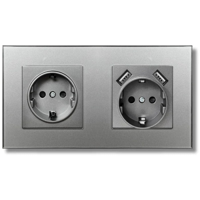Priza dubla rama din sticla securizata, 2 porturi USB-A, iUni US2, 16A, Silver