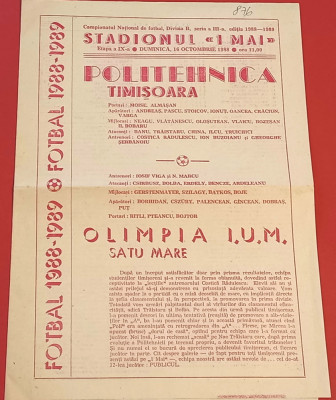 Program meci fotbal &amp;quot;POLITEHNICA&amp;quot; TIMISOARA - &amp;quot;OLIMPIA&amp;quot; SATU MARE (16.10.1988) foto