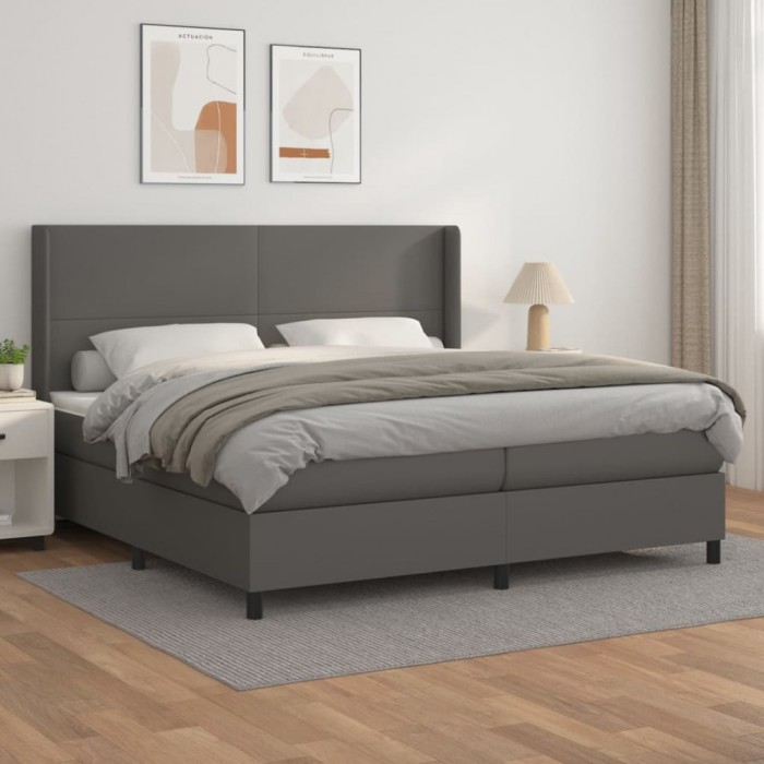 vidaXL Pat box spring cu saltea, gri, 200x200 cm, piele ecologică 3132403