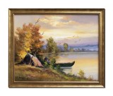 Cumpara ieftin Tablou cu pescar apus de soare in Delta Dunarii pictat manual inramat, 55x45cm ulei pe panza, rama din lemn, Geo Ungureanu