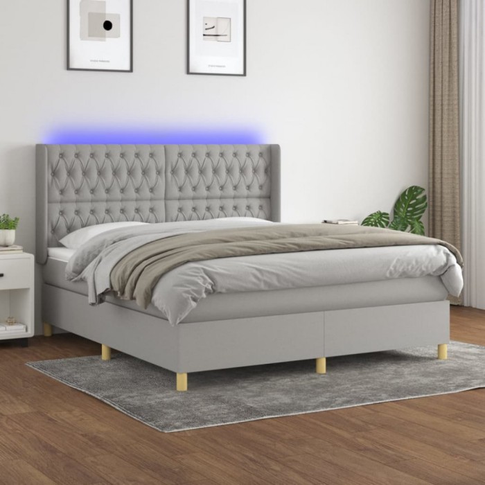 vidaXL Pat cu arcuri, saltea și LED, gri deschis, 160x200 cm, textil 3139125