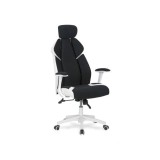 Scaun directorial HM Chrono, piele ecologica/stofa, suport lombar, tetiera reglabila, 120 kg, alb/negru