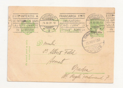 R1 Romania - Carta postala ,Oradea-Bucuresti , circulata 1930 foto