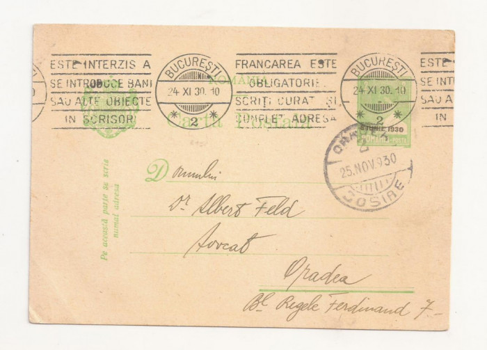 R1 Romania - Carta postala ,Oradea-Bucuresti , circulata 1930