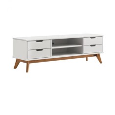 Comoda joasa Borneo Alb, 4 sertare, 2 rafturi, lemn de pin, 140 x 42 x 40 cm